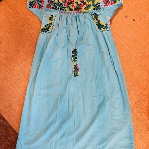 Embroidered Light Blue Midi Dress with Floral Detail